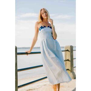 Fanm Mon Lorr Strapless Linen Midi Dress S Light Lagoon Embroidered Floral